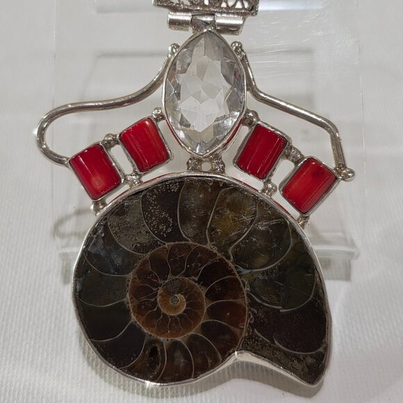 Vintage Ammonite Shell Red Coral Clear Gemstone Handmade Sterling Silver Pendant - Picture 4 of 12